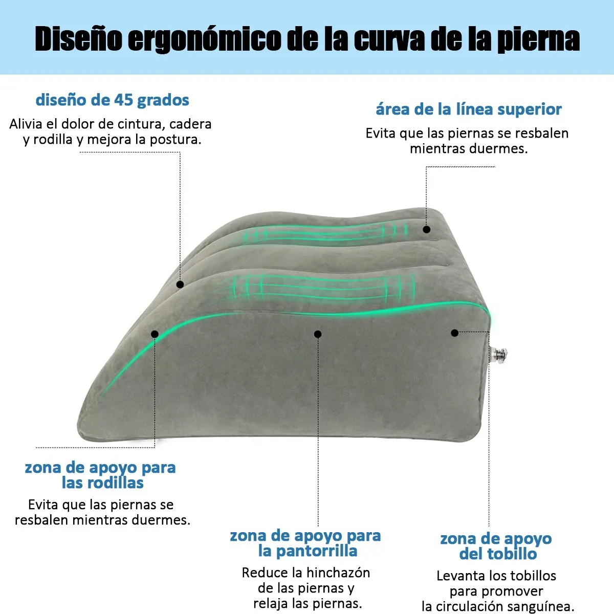 Cojín relajante para piernas color gris ergonómico.